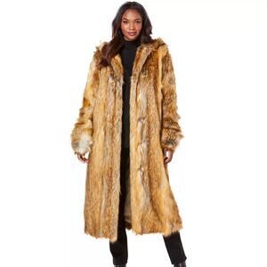 Roaman's Women's Hooded Faux Fox Fur Long Coat, Size 30/32 (3X) Mob Wife, Iconic
